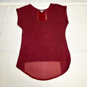 Eyeshadow Short Sleeve High Low Knit Top Sheer Back Women’s S V-neck High Low